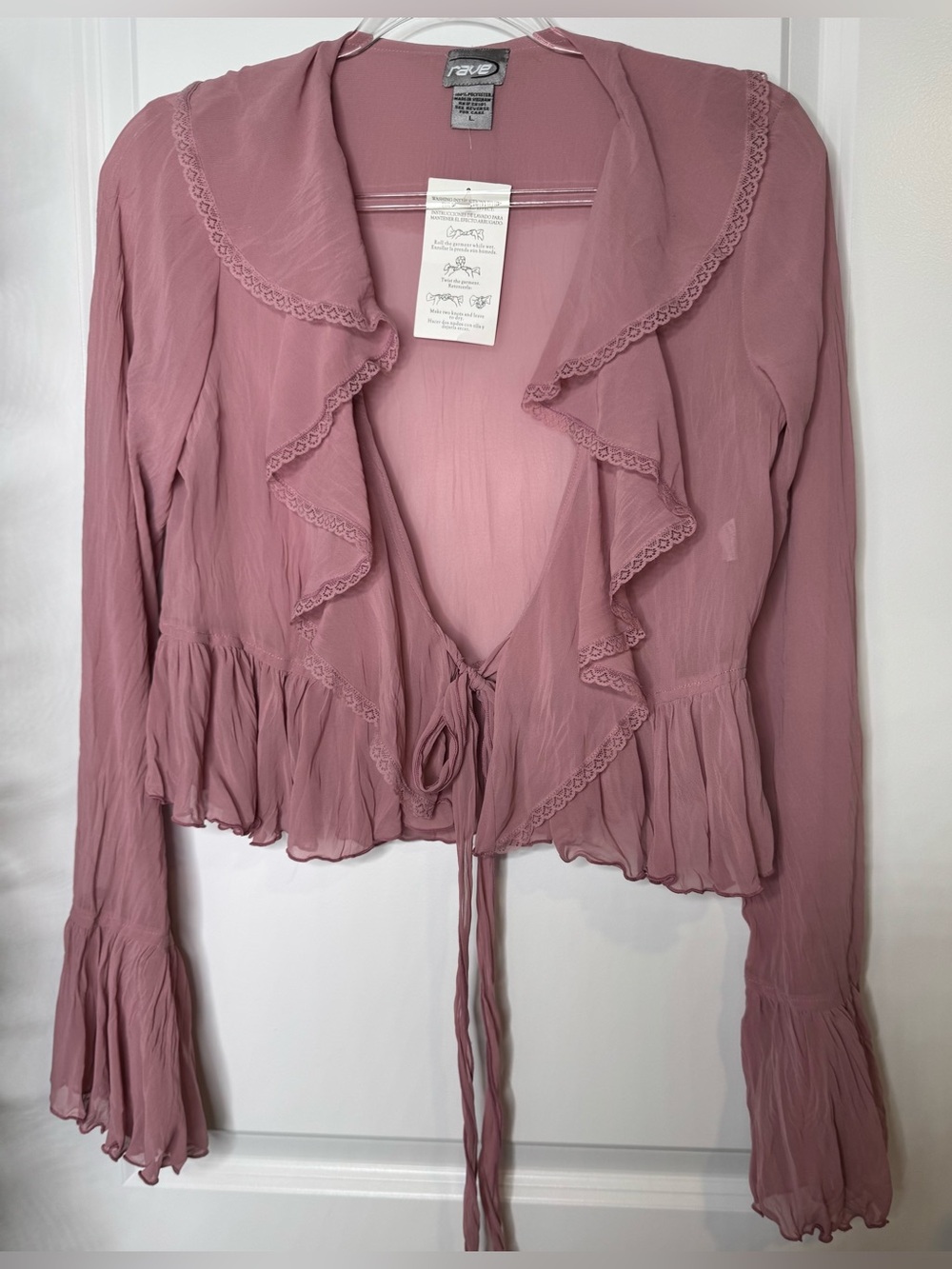rave Dusty Rose Ruffle Place Tie-Front crop summer festival sheer Blouse sz LG
